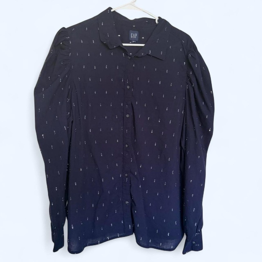 Gap Womens XXL Navy Blue Metallic Embroidered Puff Sleeve Button Down Blouse
